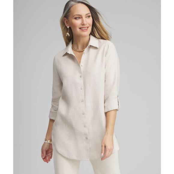 Chico's No Iron Linen Tunic Blouse Button Front Roll Tab Sleeves 3 XL - Picture 1 of 11
